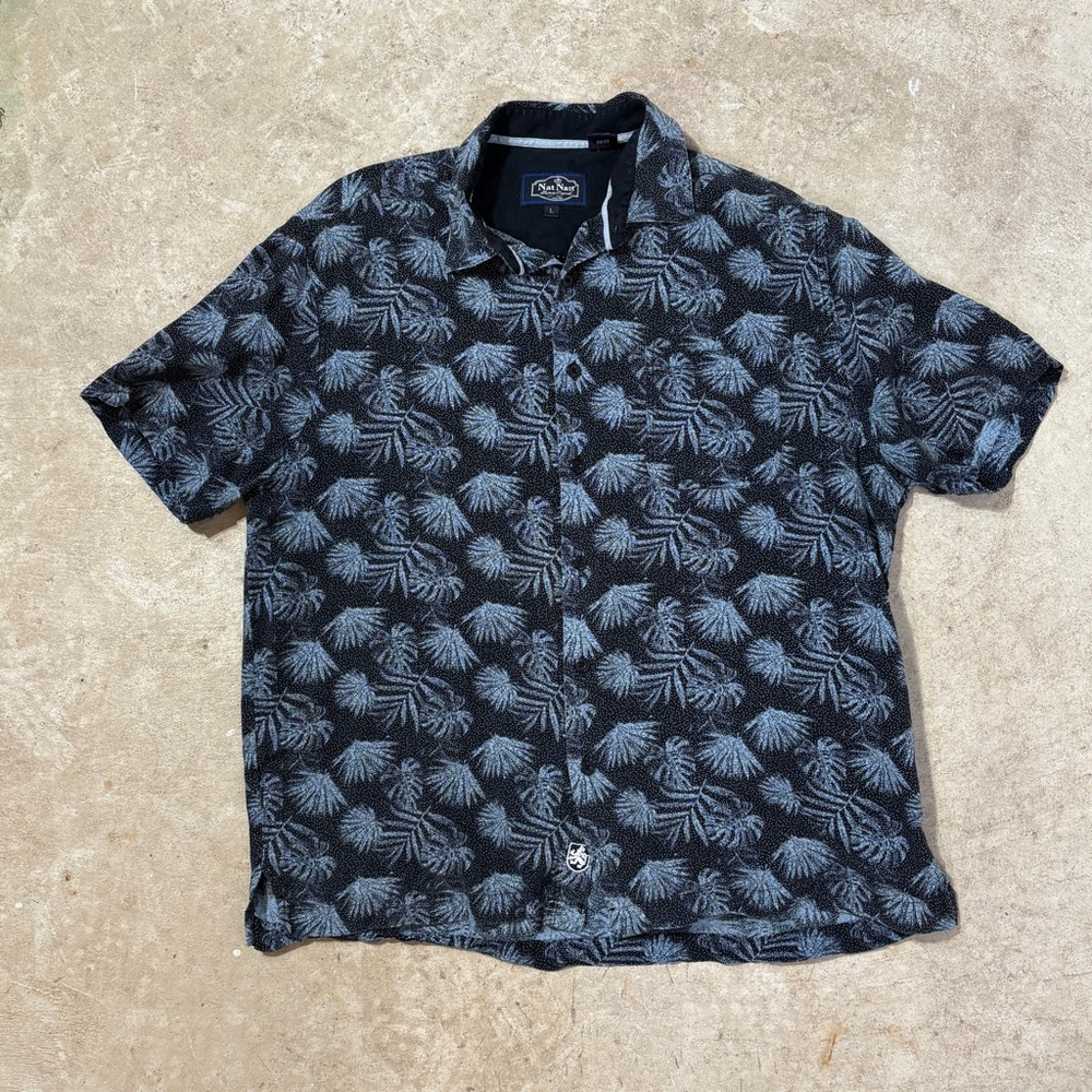 Nat Nast Silk Blend Button Up Hawaiian Leaf Shirt Men’s Large Speckled Blue Gray